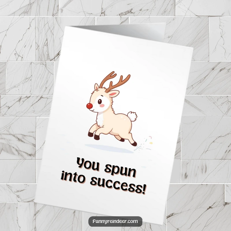 Funny free printable congratulations card: A fluffy reindeer gleefully chases its own twinkling tail in a snowy landscape.