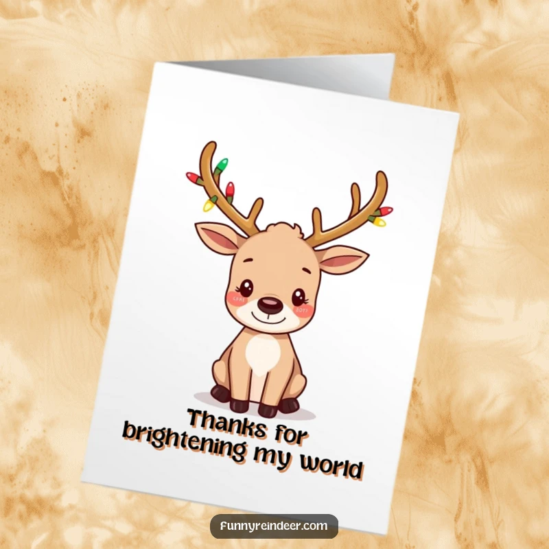 Free Printable Thank You Card: A reindeer with tiny festive lights on its antlers wiggles its ears with thanks.