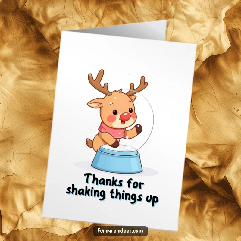 Free Printable Thank You Card: A kawaii reindeer shakes a snow globe, sending a flurry of thanks.