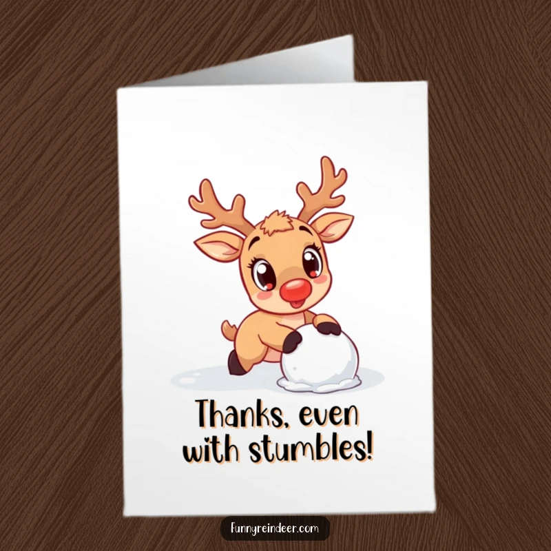 Funny Free Printable Thank You Card: Kawaii reindeer, wide-eyed, tripping over a snowball