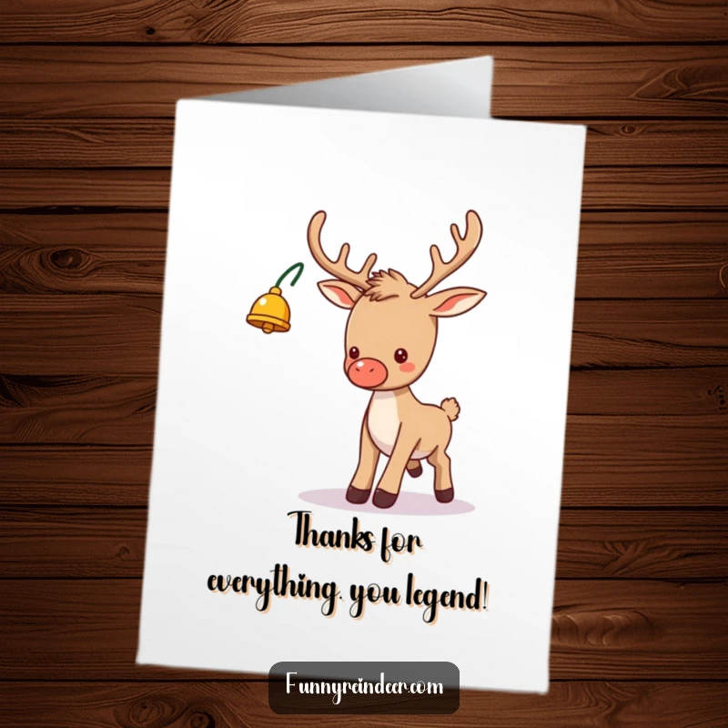 Funny free printable thank you card: A comical reindeer with a bell on its antler takes a playful tumble.