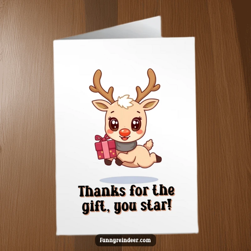 Free Printable Thank You Card: A kawaii reindeer with large eyes leaps, presenting a gift bundle with thanks.