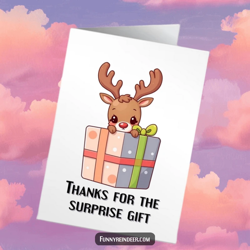 Free Printable Thank You Card: A shy reindeer peeks from behind a colorful present, offering a bashful thank you.
