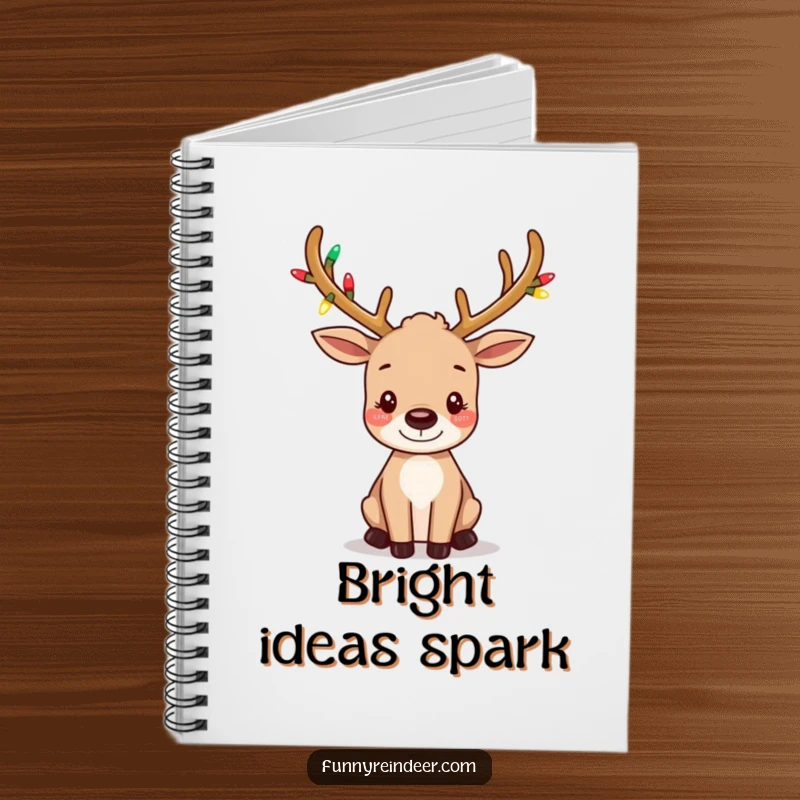 Funny notebook featuring a cute reindeer with tiny, festive light-wrapped antlers and playfully wiggling ears, perfect for jotting ideas.