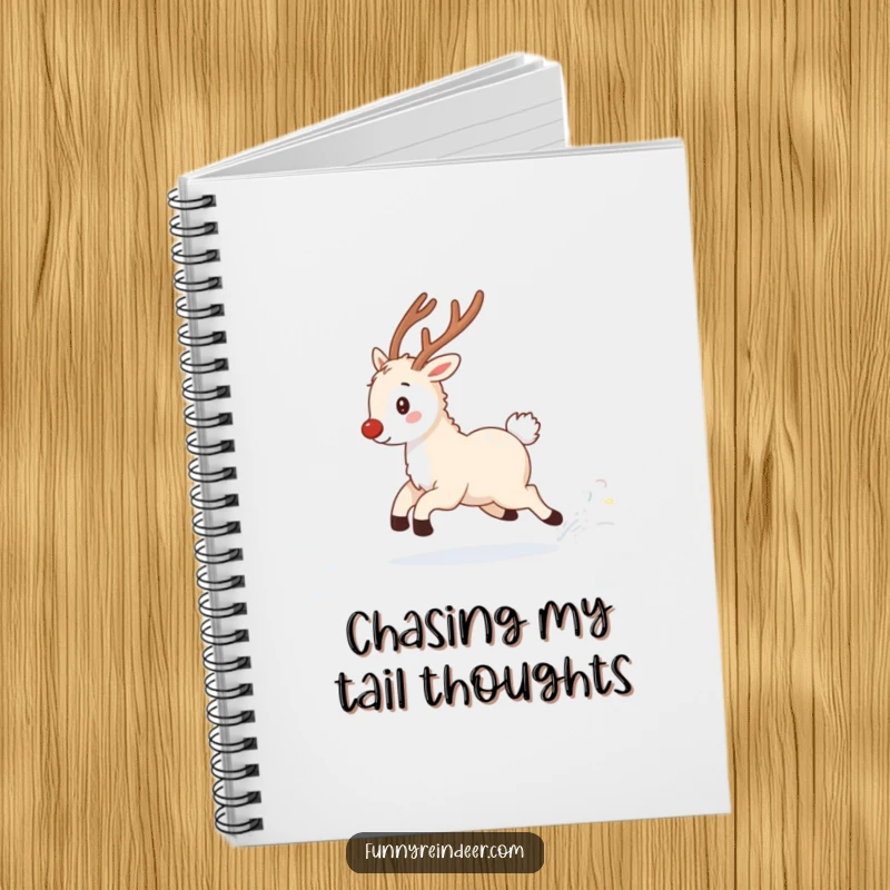 Funny notebook cover with a fluffy reindeer playfully chasing its twinkling tail in a snowy field, great for winter notes.