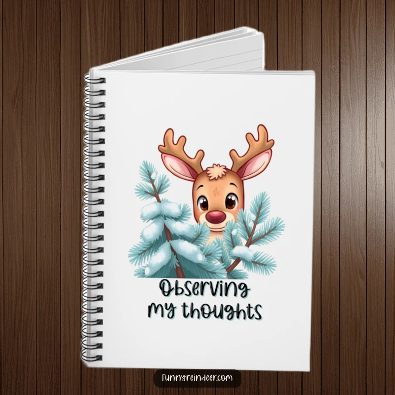 Funny reindeer notebook, curious gaze, oversized eyes, peering from behind a frosty pine tree, perfect for thoughtful notes.