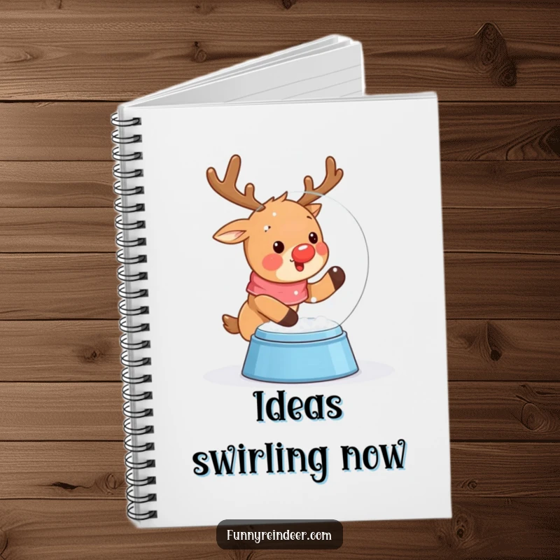 Funny notebook featuring a cute kawaii reindeer excitedly shaking a snow globe, with snow falling around, perfect for jotting ideas.