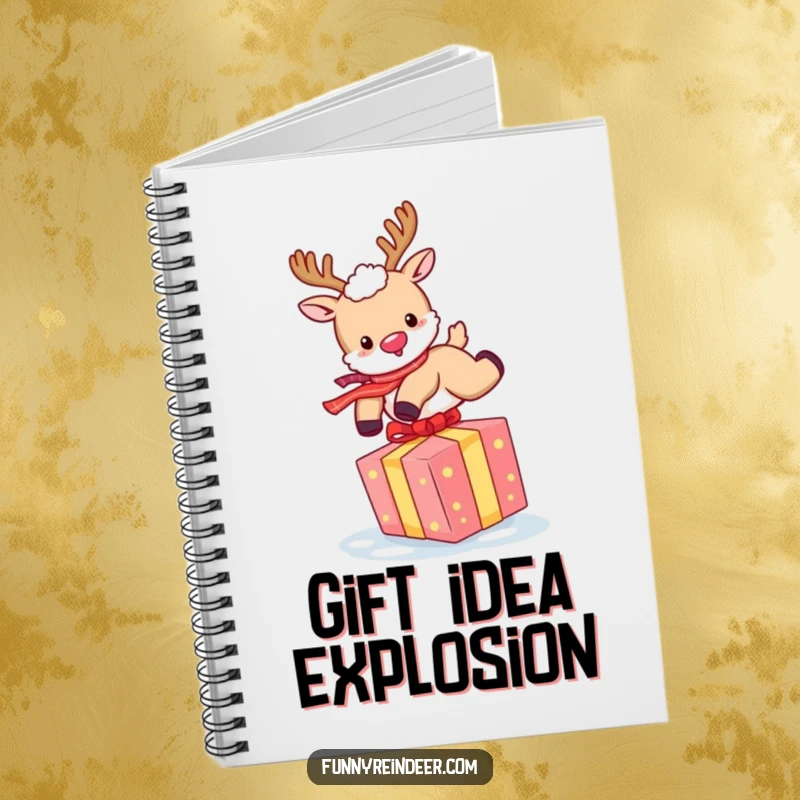 Funny Reindeer Notebook: A reindeer jumps over a gift, ideal for planning holiday events and notes.