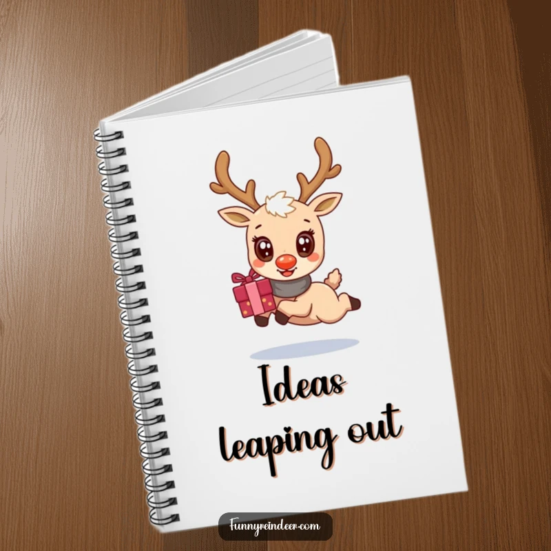 Funny notebook featuring a kawaii reindeer with oversized, happy eyes, leaping joyfully while carrying a holiday gift bundle.