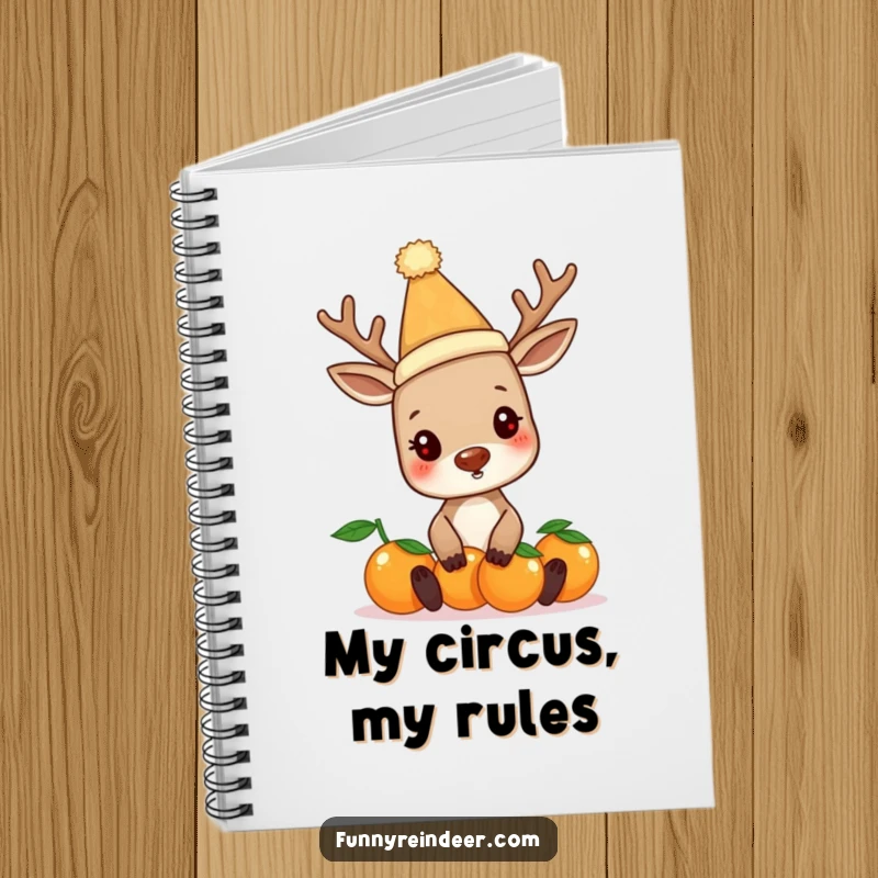 Funny reindeer wearing a silly hat, struggling with oranges, on a notebook cover. A humorous tool for notes.