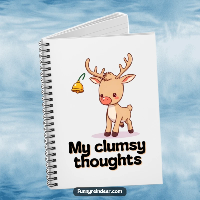 Funny notebook cover with a silly reindeer, bell on antler, humorously tripping, ideal for jotting down notes and holiday ideas.