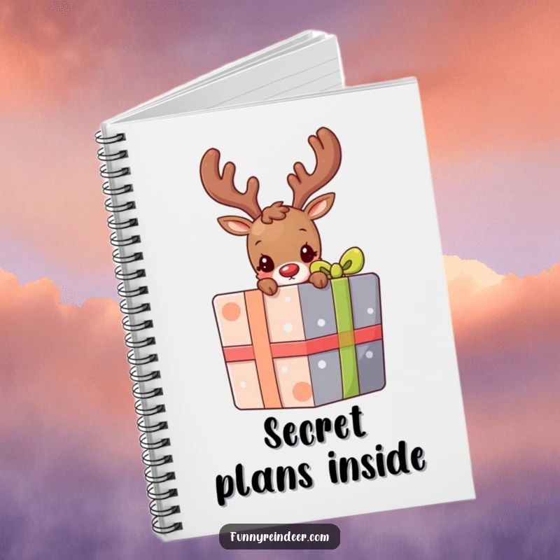 Funny notebook featuring a shy reindeer cautiously peeking from behind a large, colorful holiday present, perfect for jotting secrets.