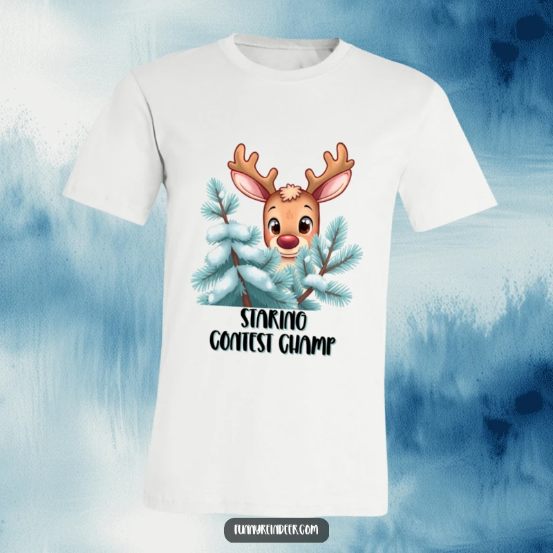 Funny reindeer t-shirt, oversized eyes, curious gaze, peering from behind a frosty pine tree, charming and humorous apparel.