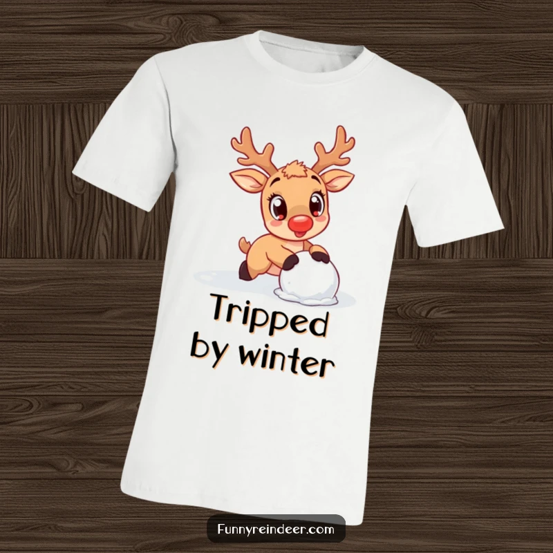Funny Reindeer T-Shirt: A kawaii reindeer with amazed eyes stumbles over a snowball, perfect for cute and funny moments.