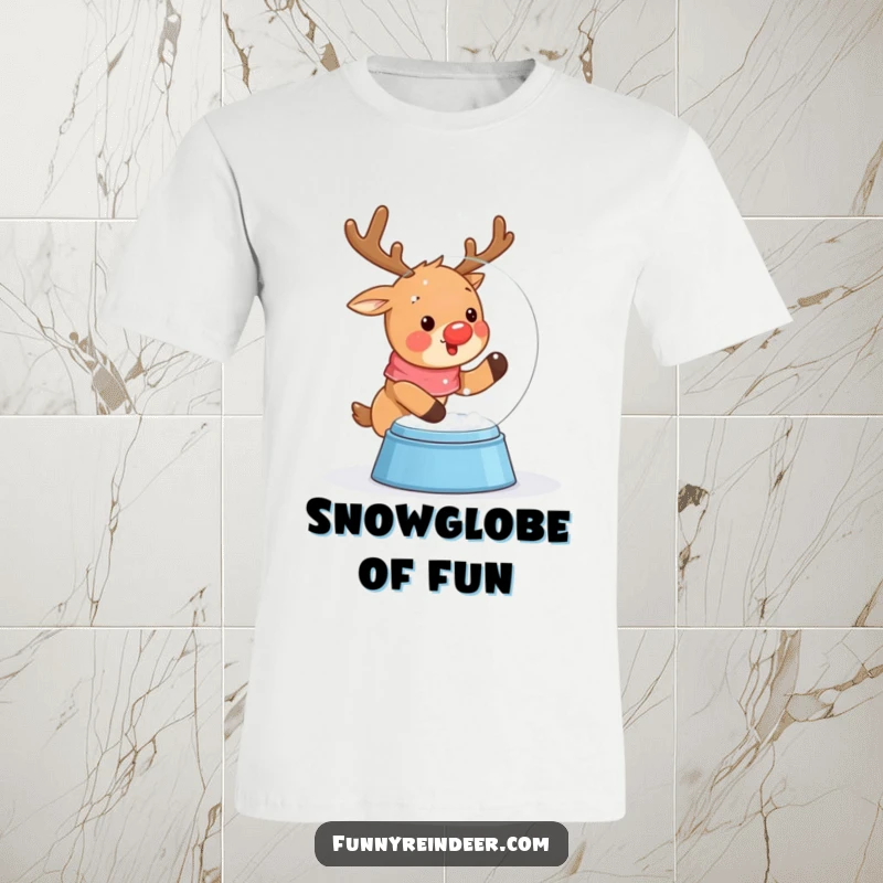Funny t-shirt depicting a cute kawaii reindeer actively shaking a snow globe, creating a magical flurry of falling snow.