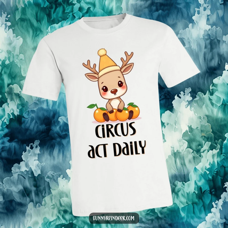 Funny reindeer wearing a silly hat, comically attempting to balance bright oranges on a t-shirt. A festive and humorous holiday design.