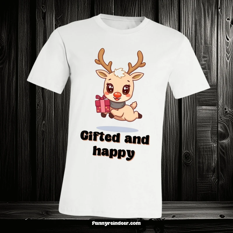 Funny t-shirt featuring an adorable kawaii reindeer with massive, expressive eyes, leaping enthusiastically with a big bundle of presents.
