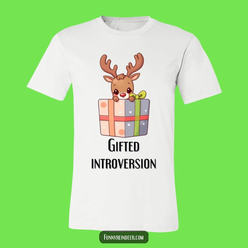 Funny Shy Reindeer Present Peek T-Shirt: Cute & Mysterious Holiday Fun