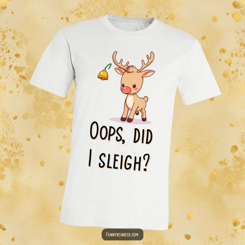 Funny t-shirt showcases a clumsy reindeer with a single bell-adorned antler, playfully tripping over its own hooves in a humorous holiday depiction.
