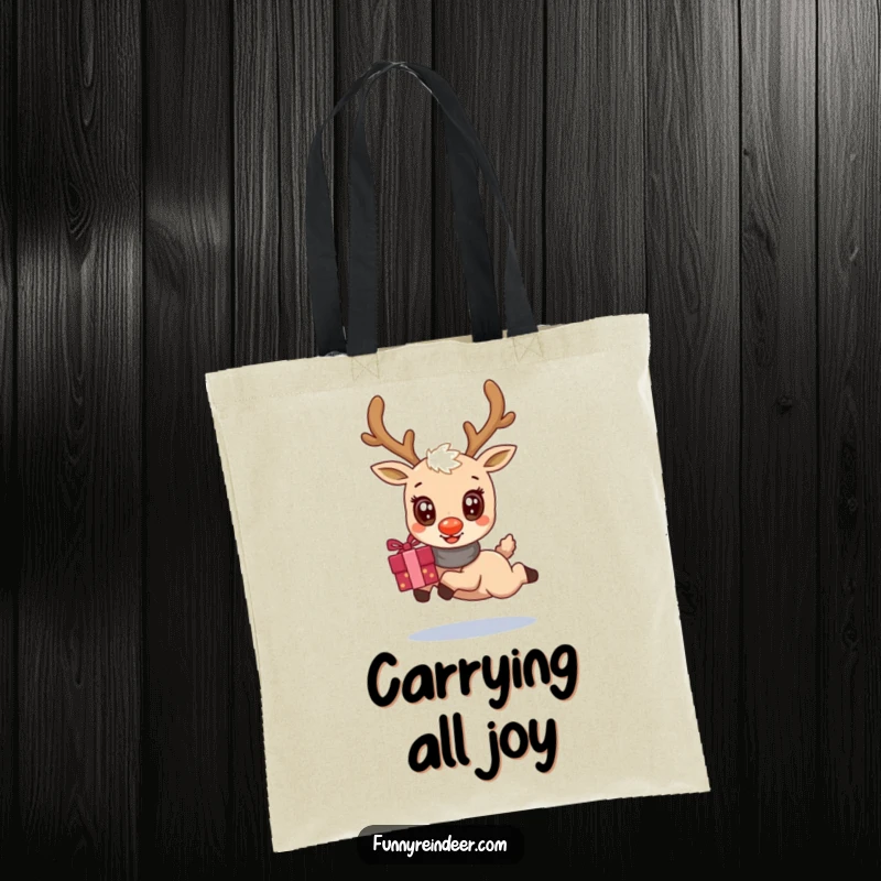 Funny tote bag designed with a cute, big-eyed kawaii reindeer joyfully leaping with a substantial bundle of holiday gifts.