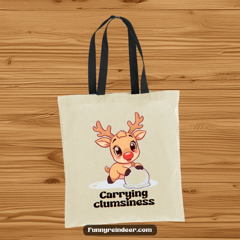 Funny Reindeer Tote Bag: A kawaii reindeer with amazed eyes trips over a snowball, perfect for daily use.