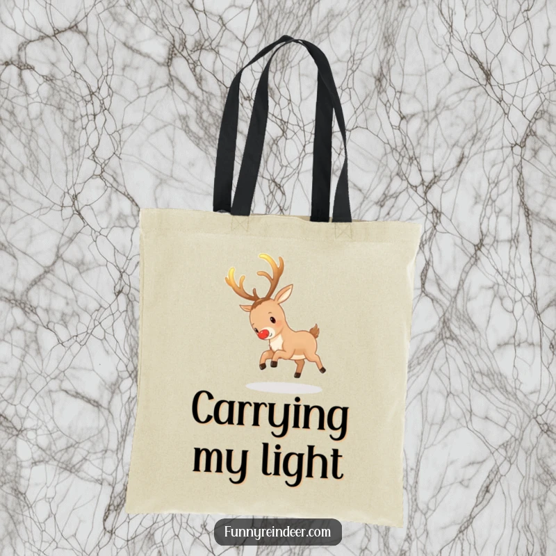 Funny Reindeer Tote Bag: A reindeer playfully chases its glowing antlers, perfect for daily use and smiles.