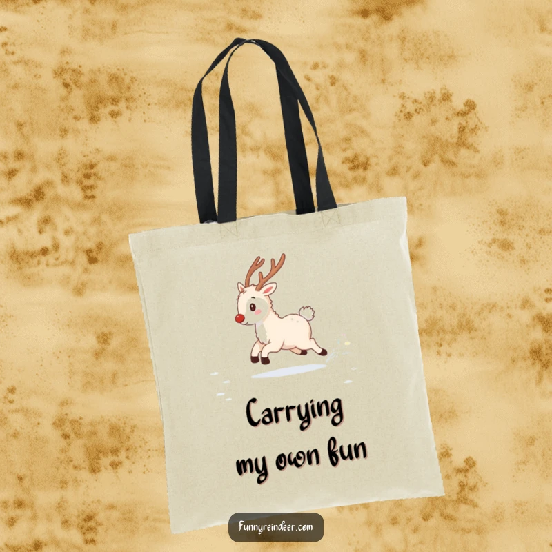 Funny tote bag featuring a fluffy reindeer joyfully chasing its twinkling tail in a snowy field, great for winter errands.