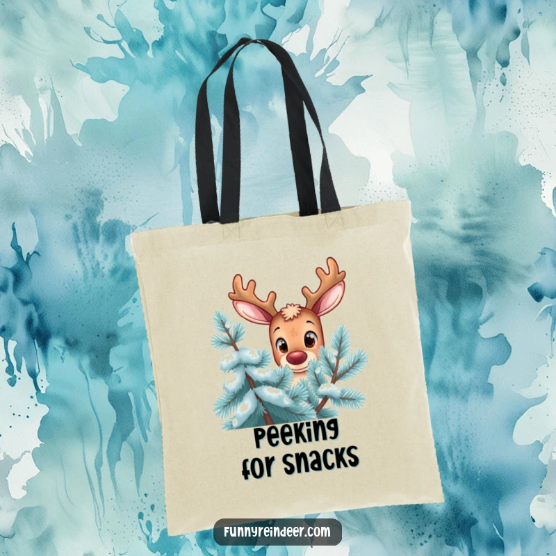 Funny reindeer tote bag, curious gaze, oversized eyes, peering from behind a frosty pine tree, practical and humorous accessory.
