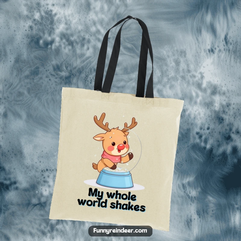 Funny tote bag designed with a cute kawaii reindeer enthusiastically shaking a snow globe, surrounded by softly falling snow.