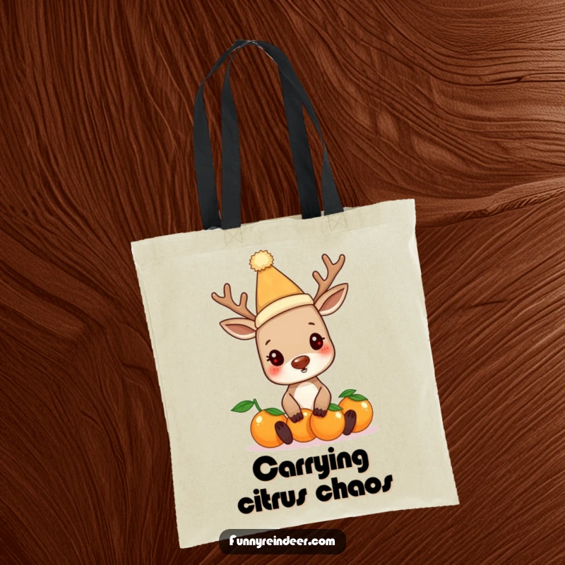 Funny reindeer wearing a silly hat, trying to balance multiple oranges, printed on a durable tote bag. A humorous accessory.