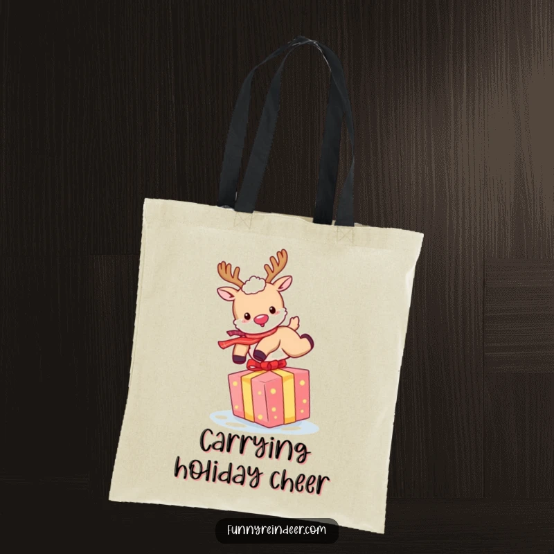 Funny Reindeer Tote Bag: A fluffy reindeer jumps energetically over a colorful gift, perfect for holiday shopping.