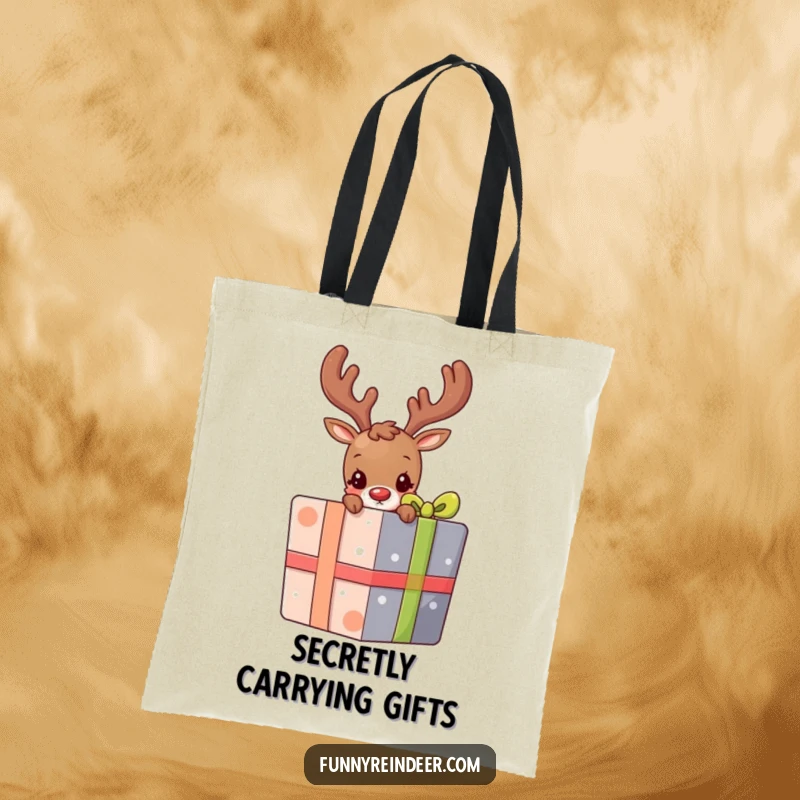 Funny tote bag designed with a shy reindeer cautiously peeking from behind a large, colorful gift package, adding a touch of whimsy.