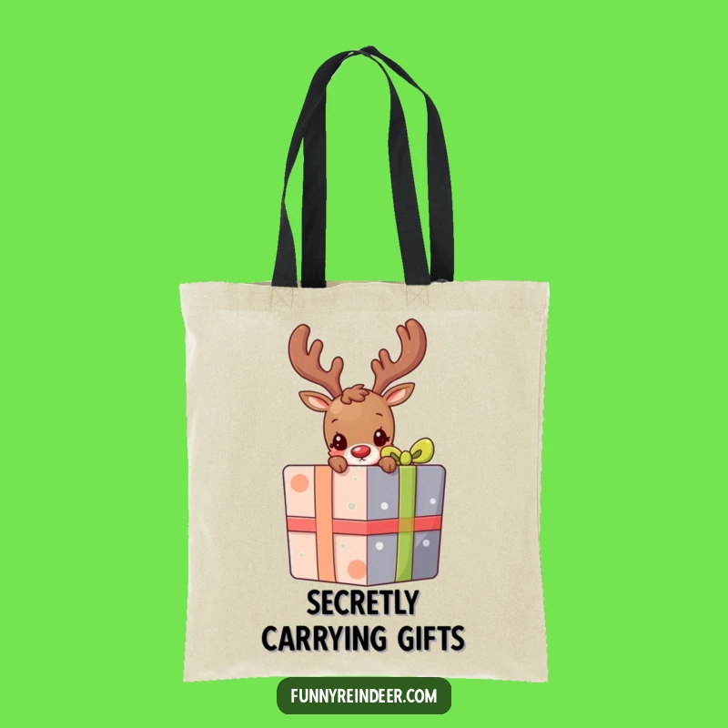 Funny Shy Reindeer Present Peek Tote Bag: Stylish & Mysterious Carryall